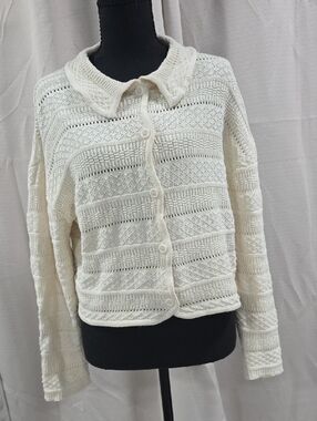 Splendid Cream Open-Knit Button Cardigan with Peter Pan Collar